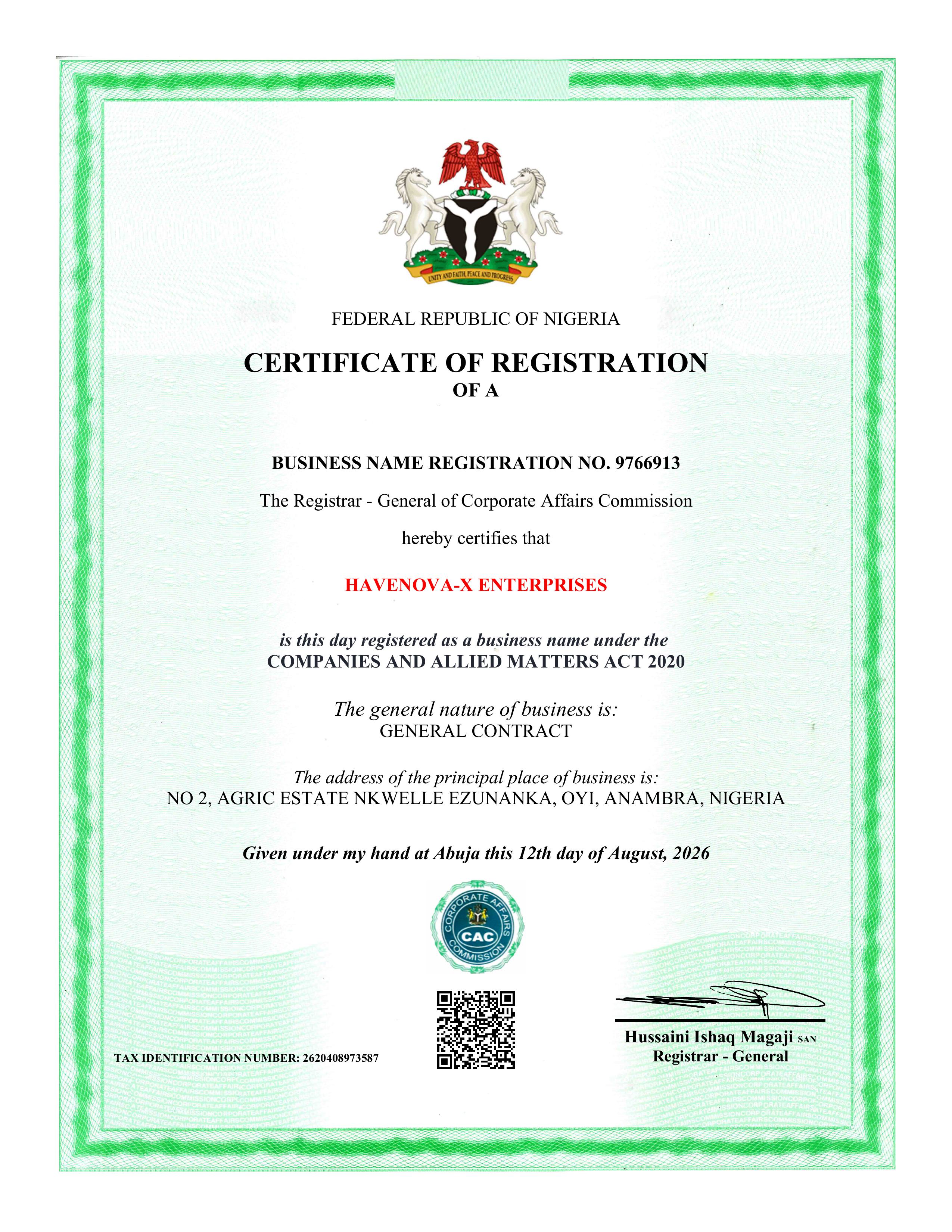 Havenova X Enterprises certificate of registration issued by Nigeria’s Corporate Affairs Commission